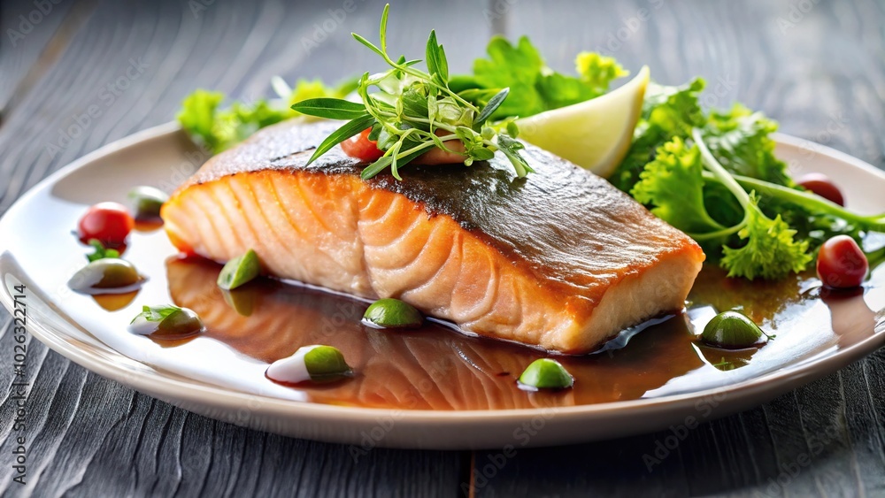 Mouthwatering crispy salmon dish with fresh greens and luscious sauce Mouthwatering crispy salmon dish with fresh greens and luscious sauce