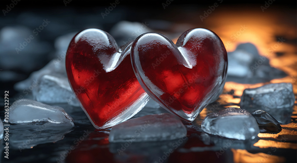 Two Frozen Red Hearts on Ice with Warm Glow Two Frozen Red Hearts on Ice with Warm Glow