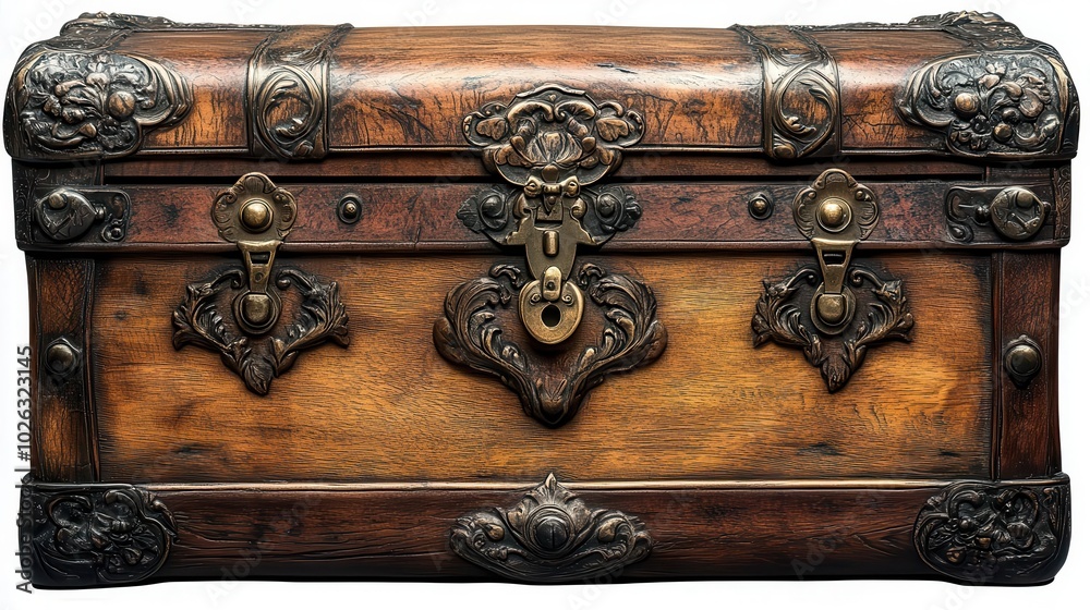 sturdy trunk storage chest viewed frontally featuring intricate designs and a rich finish isolated on a transparent background for a clean and striking visual impact