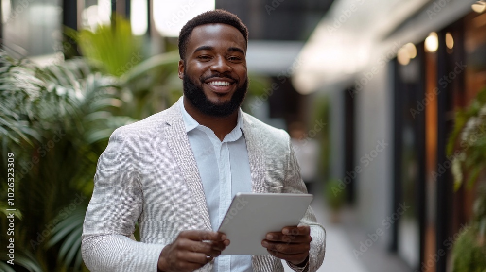 A man wearing a suit and holding a tablet A man wearing a suit and holding a tablet