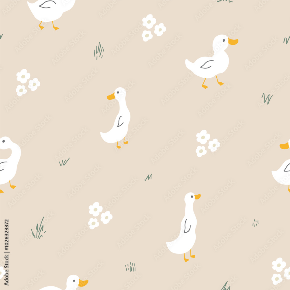 Obraz premium Cute Cartoon Duck Seamless Pattern, Vector Illustration Background