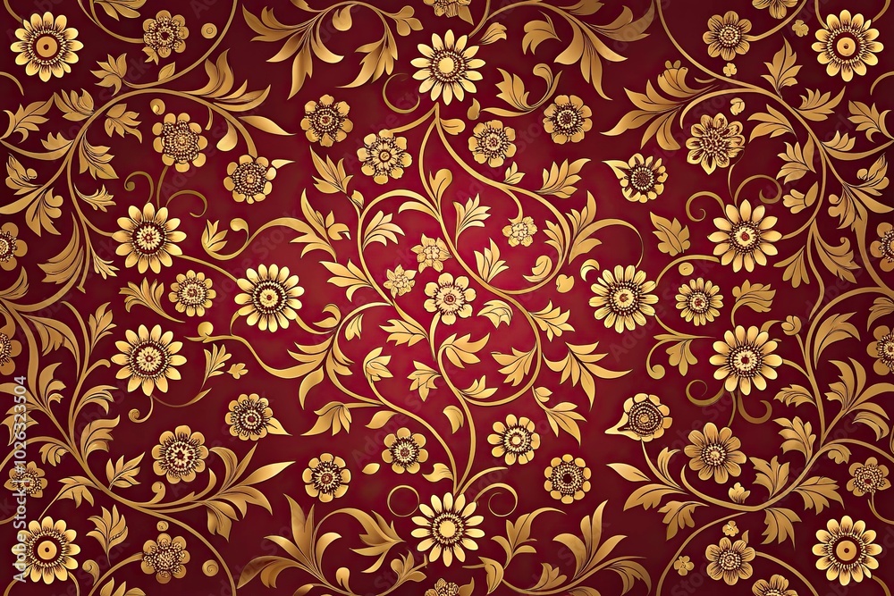 Mughal floral pattern in warm maroon and gold on dark red background Mughal floral pattern in warm maroon and gold on dark red background