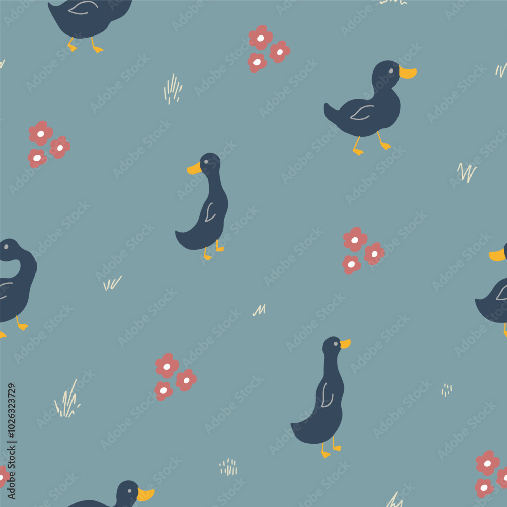Fototapeta premium Cute Cartoon Duck Seamless Pattern, Vector Illustration Background