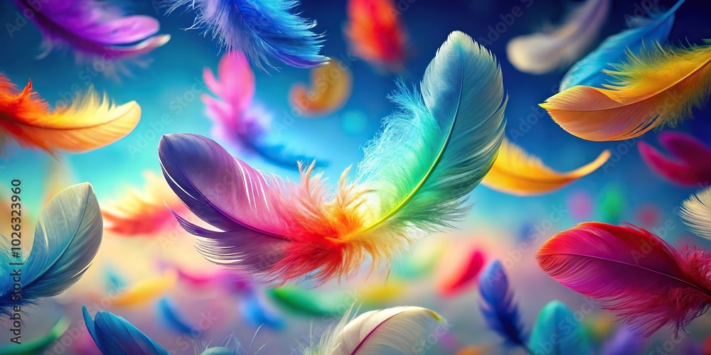 Multicolor gradient feathers floating in air close-up Multicolor gradient feathers floating in air close-up