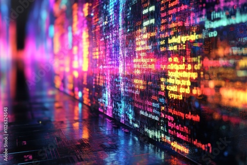 Wallpaper Mural A futuristic digital wall with glowing neon code, creating an abstract and colorful background. Torontodigital.ca