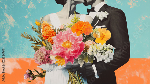bride and groom with bouquet, abstract photograph with blue and orange backdrop