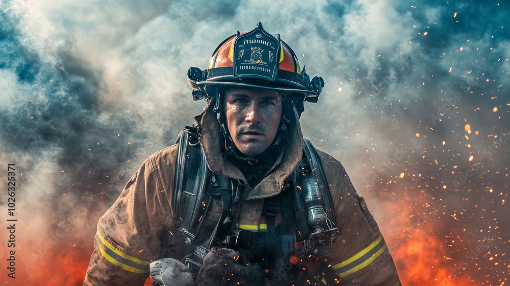 Fototapeta premium A firefighter in full gear stands in front of a blaze, smoke and embers billowing behind him. He looks directly at the camera with a serious expression.