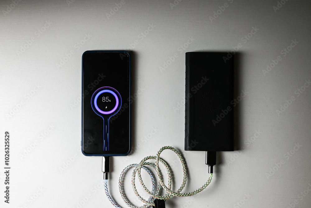 smartphone charging from a powerbank with LEDs on a white background