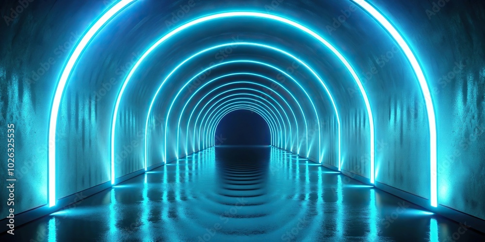 panoramic view of neon blue lights moving along dark illuminated tunnel panoramic view of neon blue lights moving along dark illuminated tunnel