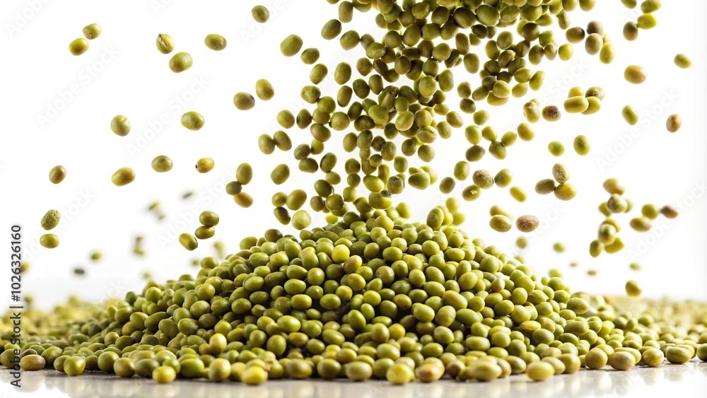 Mung beans flying on a white background isolated at a tilted angle Mung beans flying on a white background isolated at a tilted angle