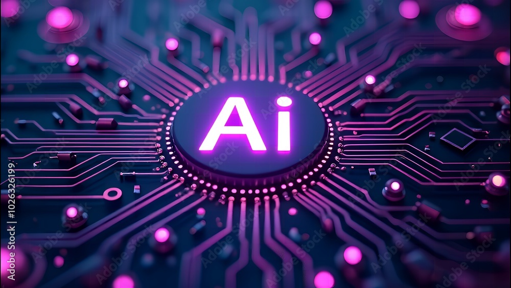Neon glowing AI chip with thin circuit lines and semiconductor on futuristic tech background Neon glowing AI chip with thin circuit lines and semiconductor on futuristic tech background
