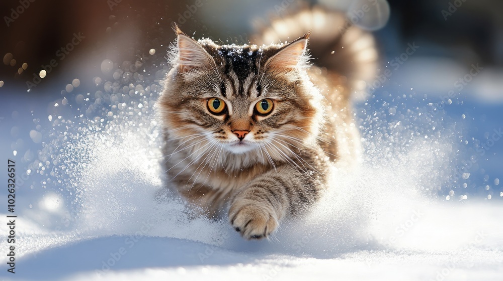 A fluffy brown tabby cat with bright yellow eyes runs through the snow, kicking up snow with its paws. A fluffy brown tabby cat with bright yellow eyes runs through the snow, kicking up snow with its paws.