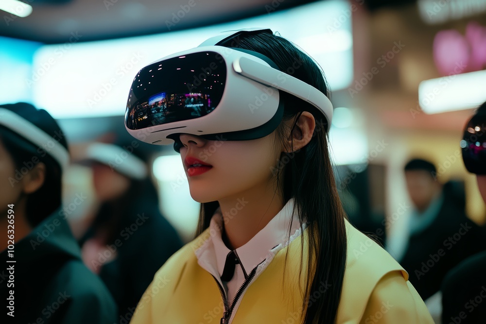 A young Asian woman experiences virtual reality in a vibrant tech environment. A young Asian woman experiences virtual reality in a vibrant tech environment.
