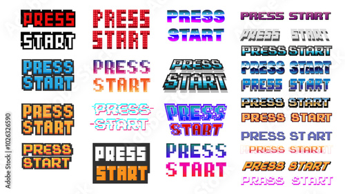 Set of PRESS START icon .pixel art .8 bit game.retro game. for game assets in vector illustrations