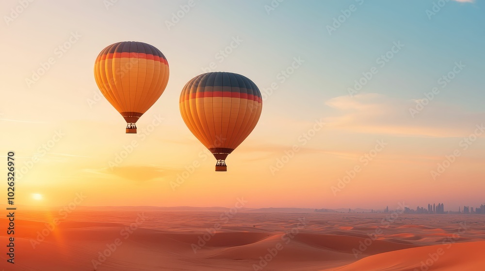 Obraz premium Hot air balloons floating over a desert landscape at dawn, capturing the beauty of a unique travel experience