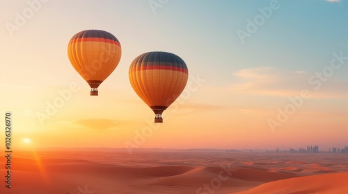 Hot air balloons floating over a desert landscape at dawn, capturing the beauty of a unique travel experience