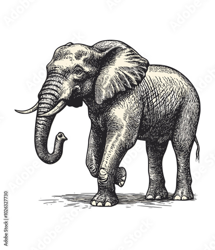 透明な背景にヴィンテージの象のイラストがベクトル PNG 形式で刻まれており、手描きの動物アート、アンティークの野生動物のイラスト、レトロなスタイルの象の絵が描かれています。