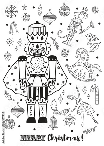 Christmas coloring page with cute nutcracker character.  Cute Christmas vector poster.