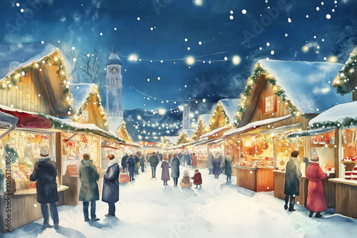 Watercolor illustration of fairy lights and colorful wooden stalls adorn a busy Christmas market square in winter