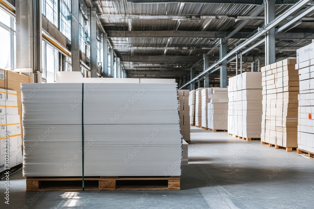 Stacks of White Plywood Sheets in an Industrial Warehouse Stacks of White Plywood Sheets in an Industrial Warehouse