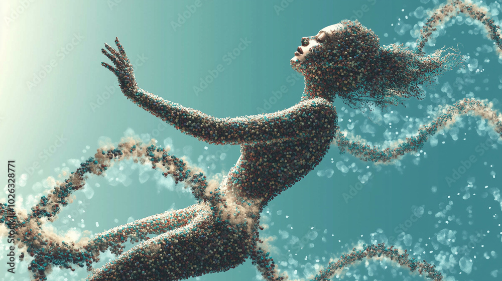 Obraz premium The Transformative Power of Biotechnology Illustrated Through a Graceful Figure Entwined With Genetic Strands in a Vibrant Setting