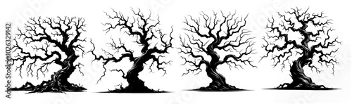 spooky old oak leafless trees on white. silhouette vector eps detailed dead leafless trees reflecting horror, scary, winter, pollution, desert etc concept. design element for web, app, ui, poster,