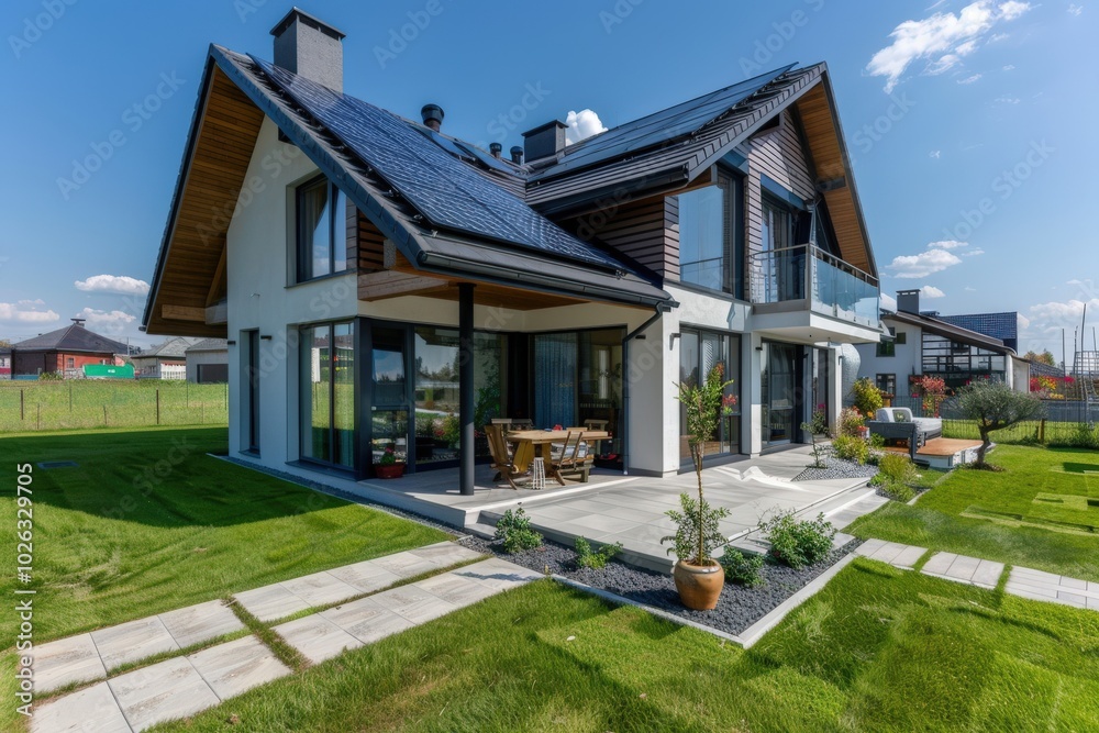 A large house with a green lawn and a patio, generative ai image A large house with a green lawn and a patio, generative ai image