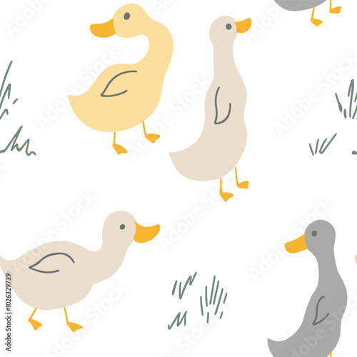 Cute Cartoon Duck Seamless Pattern, Vector Illustration Background