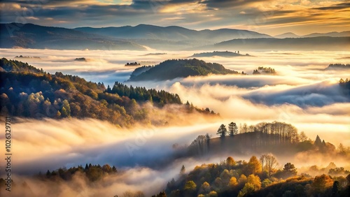 Mysterious fog covering valleys below, enhancing forced perspective