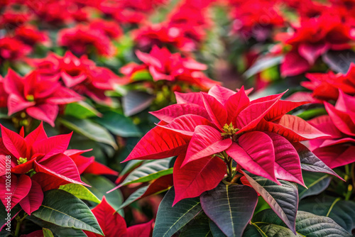 Vibrant red poinsettia flowers in full bloom 