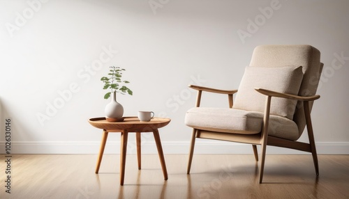 A mid-century modern chair, a small round coffee table, and space for additional graphic designs