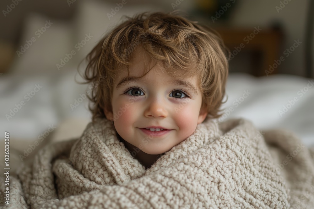 Little happy toddler boy wrapped in blanket like a roll looking at camera smiling having fun on the bed Little happy toddler boy wrapped in blanket like a roll looking at camera smiling having fun on the bed