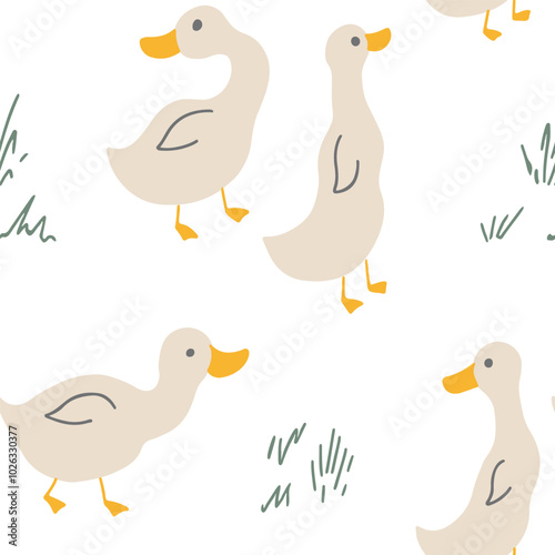 Cute Cartoon Duck Seamless Pattern, Vector Illustration Background