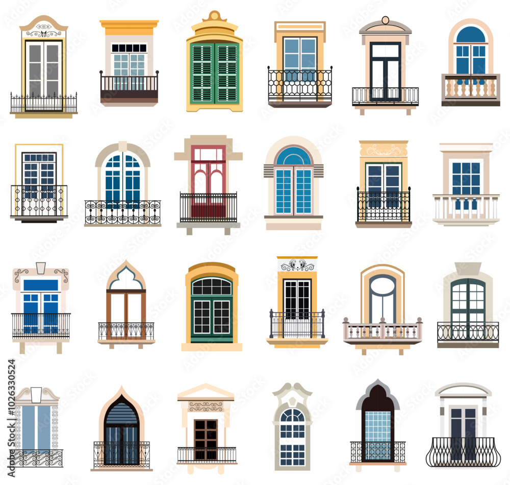 Windows vector collection. House wood and plastic window frames with vintage and decorative elements. Vector set