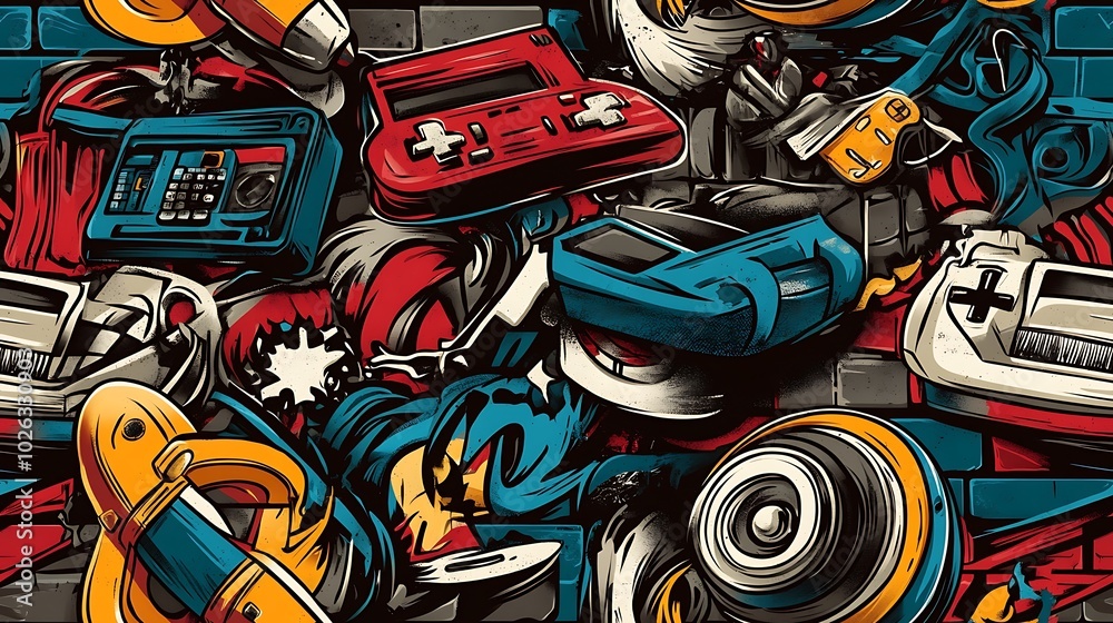 Fototapeta premium A seamless graffiti pattern blending retro game consoles, pixel art symbols, and digital controllers, with vivid colors and dynamic brushstrokes, layered on a textured brick wall,
