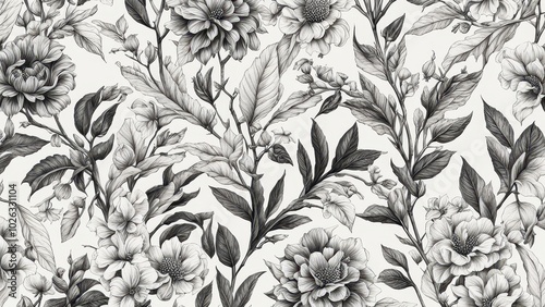 A monochrome floral pattern featuring various flowers and leaves, ideal for wallpaper or textiles.