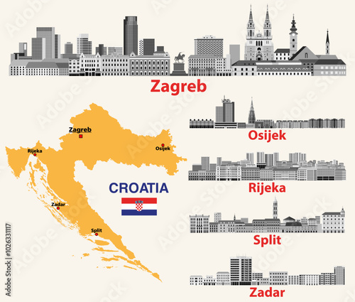 Croatian main cities skylines in grayscale color palette vector set. Map and flag of Croatia. Zagreb, Osijek, Zadar, Rijeka, Split vector illustrations