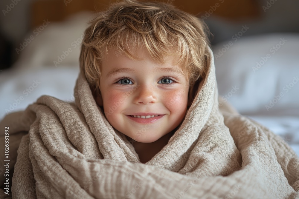Little happy toddler boy wrapped in blanket like a roll looking at camera smiling having fun on the bed Little happy toddler boy wrapped in blanket like a roll looking at camera smiling having fun on the bed