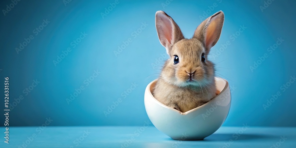 Reflected bunny in a newly hatched egg on a blue background