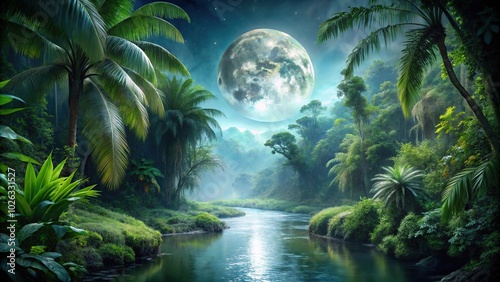 Fototapeta Naklejka Na Ścianę i Meble -  Mysterious jungle landscape with glowing moon and river in forced perspective