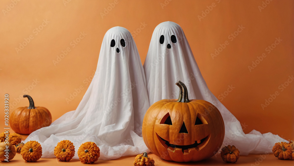 Halloween jack o lantern pumpkin. White ghost on pastel orange clear studio background. Minimal Halloween scary concept. Ghost sheet Halloween costume Halloween jack o lantern pumpkin. White ghost on pastel orange clear studio background. Minimal Halloween scary concept. Ghost sheet Halloween costume