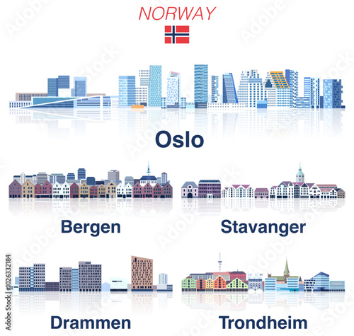 Norway main cities skylines in soft cold tones color palette. Crystal and fairy aesthetics style. Vector set