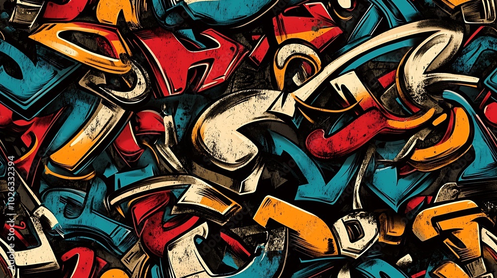 Obraz premium Graffiti pattern featuring angular characters, stylized numbers, and abstract letters, surrounded by bold splashes of neon paint and expressive brushstrokes, set against a rough urban wall,