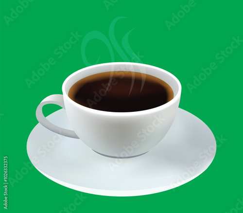 A steaming cup of coffee on a white saucer, isolated on a green screen