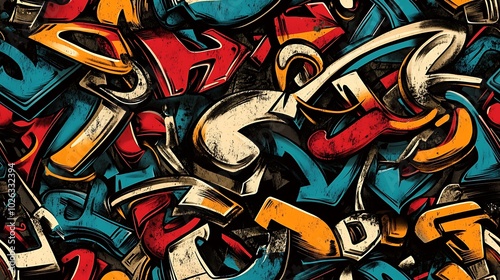 Wallpaper Mural Graffiti pattern featuring angular characters, stylized numbers, and abstract letters, surrounded by bold splashes of neon paint and expressive brushstrokes, set against a rough urban wall, Torontodigital.ca