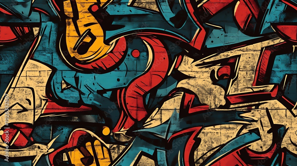 Fototapeta premium Graffiti pattern featuring angular characters, stylized numbers, and abstract letters, surrounded by bold splashes of neon paint and expressive brushstrokes, set against a rough urban wall,