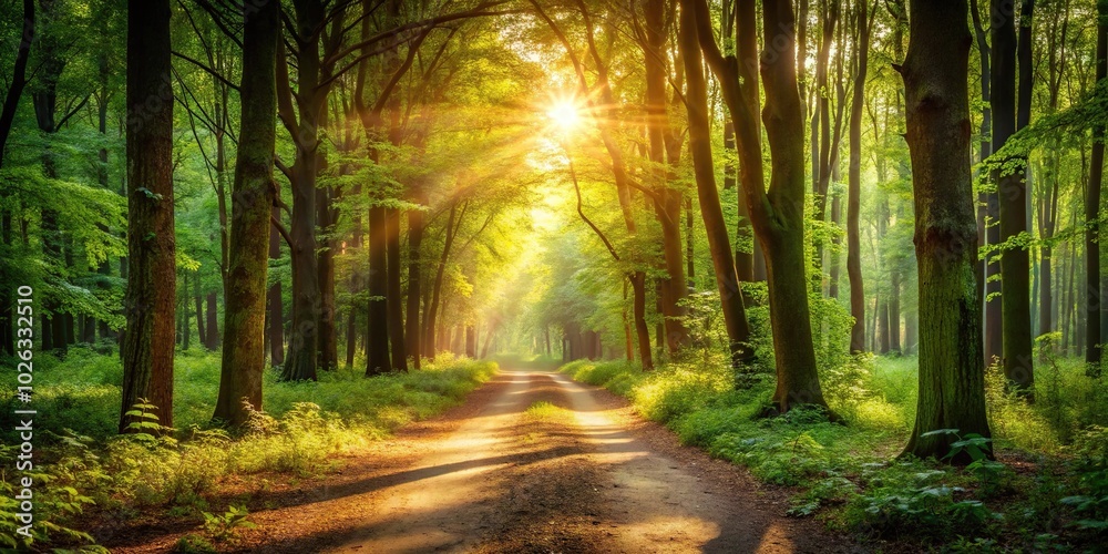 Fototapeta premium Peaceful forest path with sunlight filtering through trees