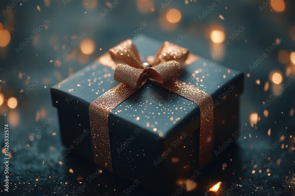 Gift box on a dark magic background with light bokeh. Festive background, magic box with a gift. Dark abstract background with gold bokeh Gift box on a dark magic background with light bokeh. Festive background, magic box with a gift. Dark abstract background with gold bokeh