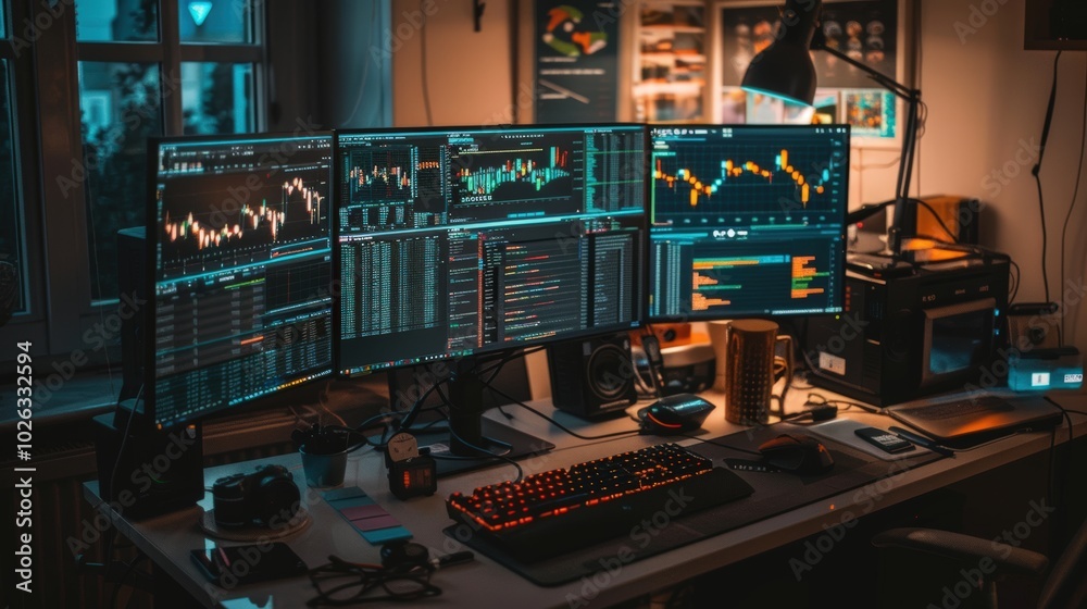 Modern Workstation with Multiple Monitors Displaying Data Modern Workstation with Multiple Monitors Displaying Data
