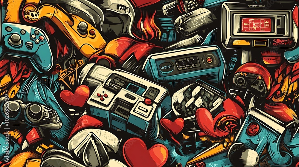 Obraz premium Graffiti pattern featuring arcade machines, pixel hearts, and game controllers, surrounded by bright neon colors and abstract shapes, set against a gritty urban wall,